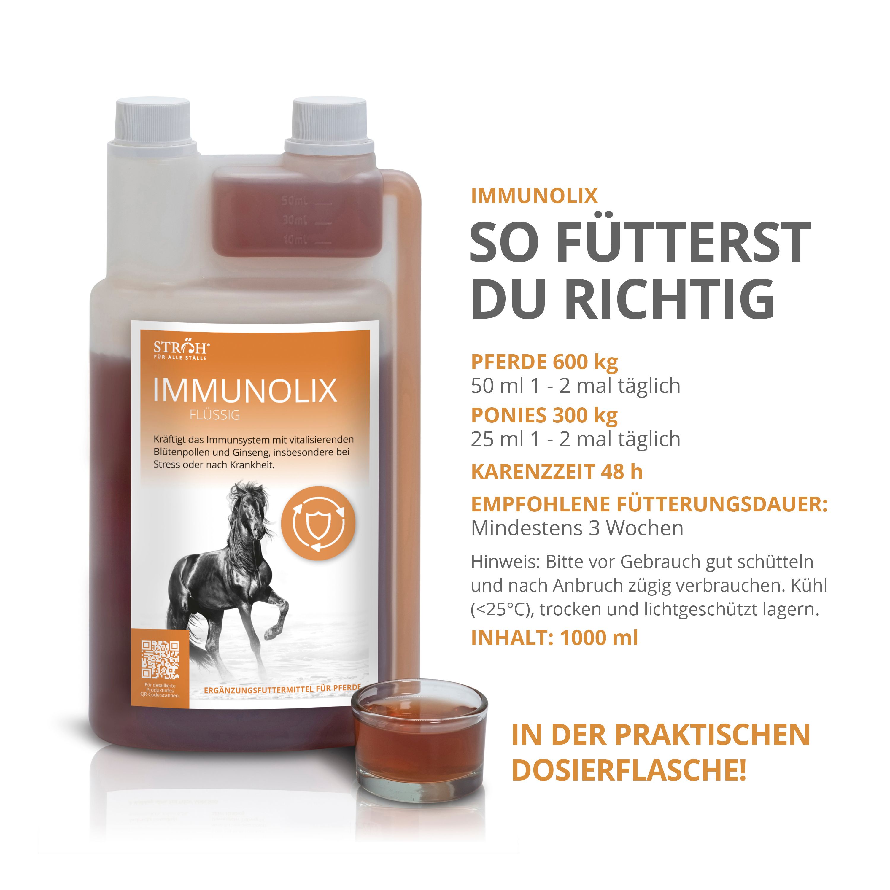 STRÖH IMMUNOLIX: 1000 ml Dosierflasche mit Anleitung zur Fütterung von Pferden und Ponys.