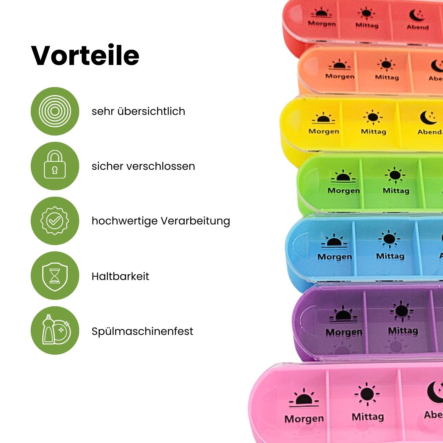 Nahaufnahme von farbigen Einzelboxen mit Aufdrucken für Morgen, Mittag, Abend, Nacht.