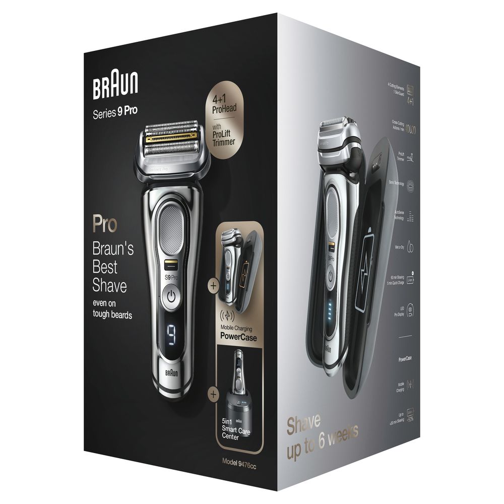 Produktverpackung mit Rasierer und Zubehör. Schwarze Verpackung mit Produktabbildung und Text. Marke: Braun Series 9 Pro.
