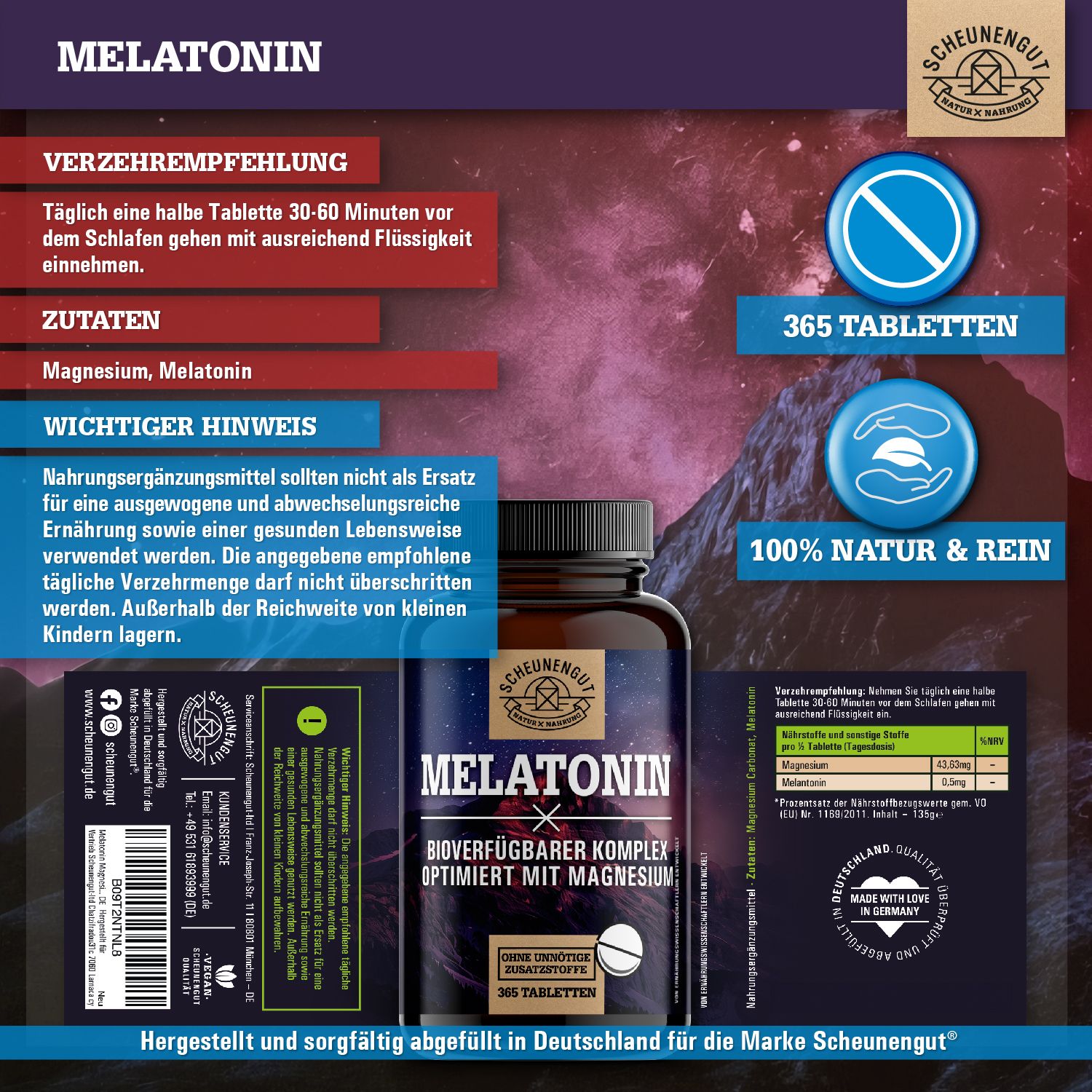 Scheunengut® Melatonin | Schlafkomplex mit 1mg Melatonin pro Tablette | 100% natürlich