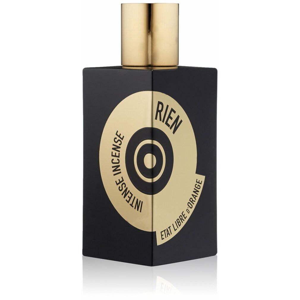 Schwarzer Flakon mit goldenem Verschluss. Aufdruck: INTENSE INCENSE, RIEN, ETAT LIBRE D'ORANGE. Goldfarbenes rundes Logo.