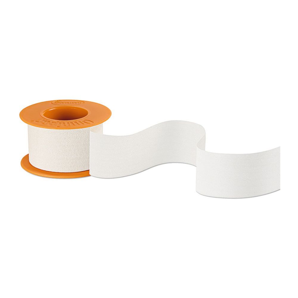 Rolle weißes Omnipor-Klebeband, orangefarbene Spule. Band teilweise abgerollt.