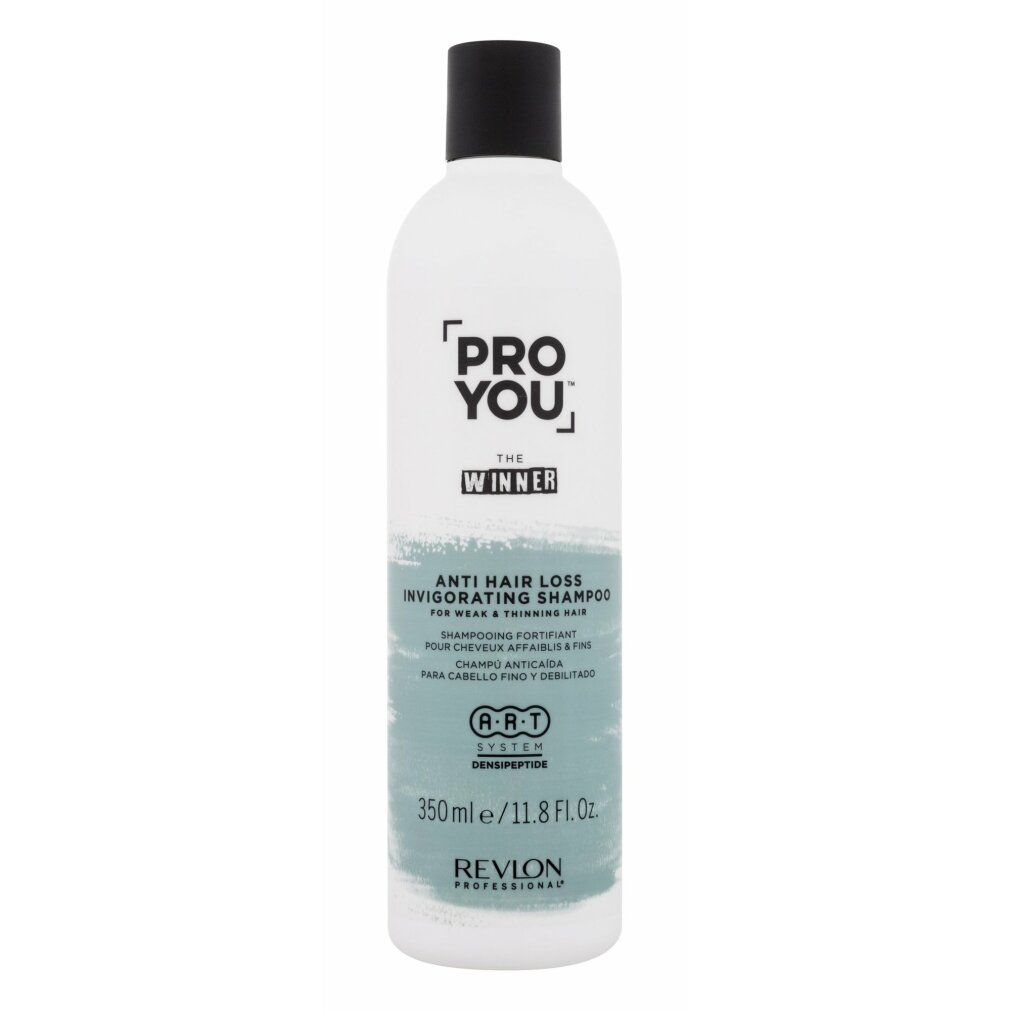 Weiße Flasche mit schwarzem Deckel. Aufschrift: PRO YOU, THE WINNER, Anti-Haarausfall Shampoo. Revlon Professional.