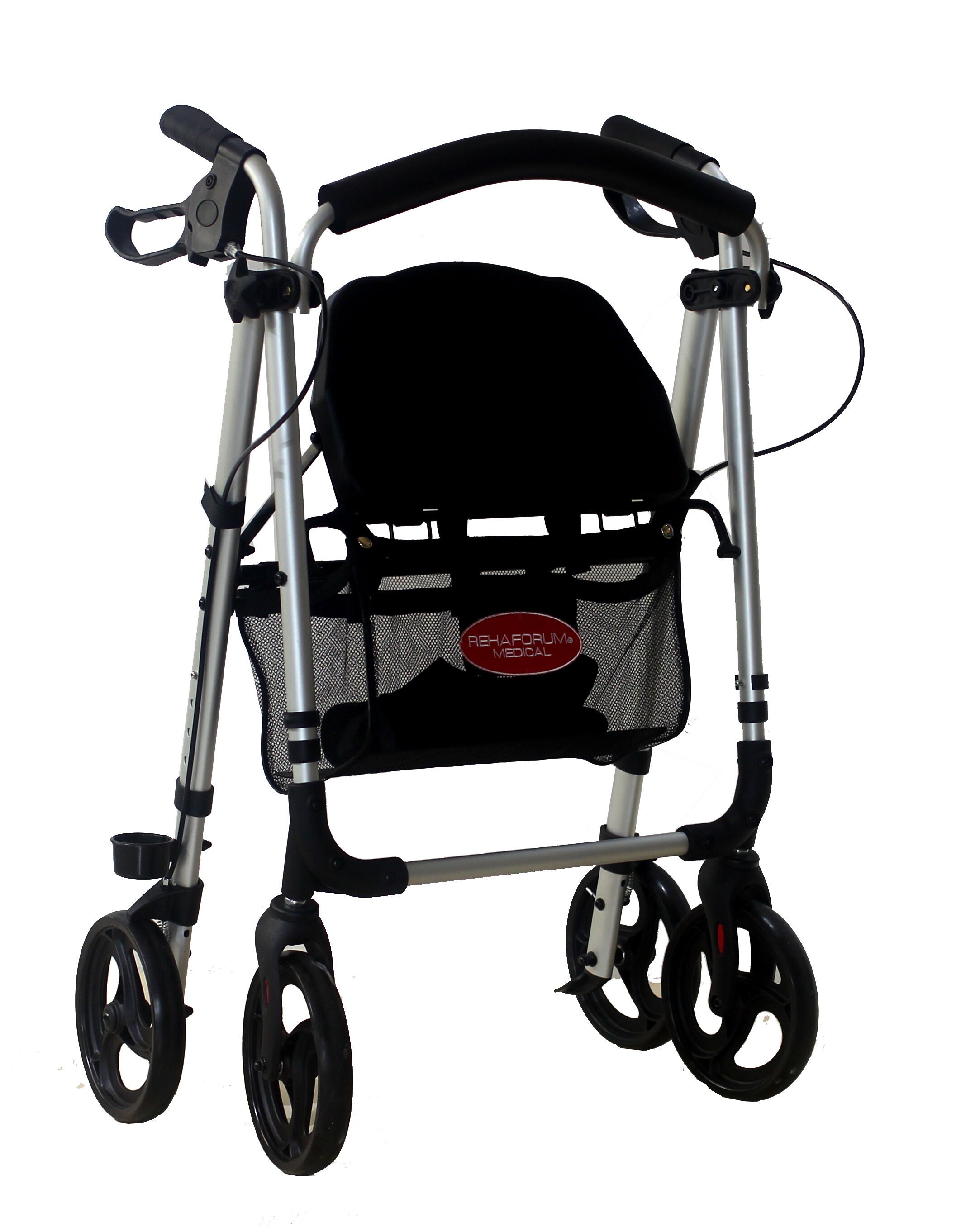 Leichtgewichtrollator silber. Vier Räder, Sitzfläche, Korb, Handgriffe. Rehaforum Medical Logo.