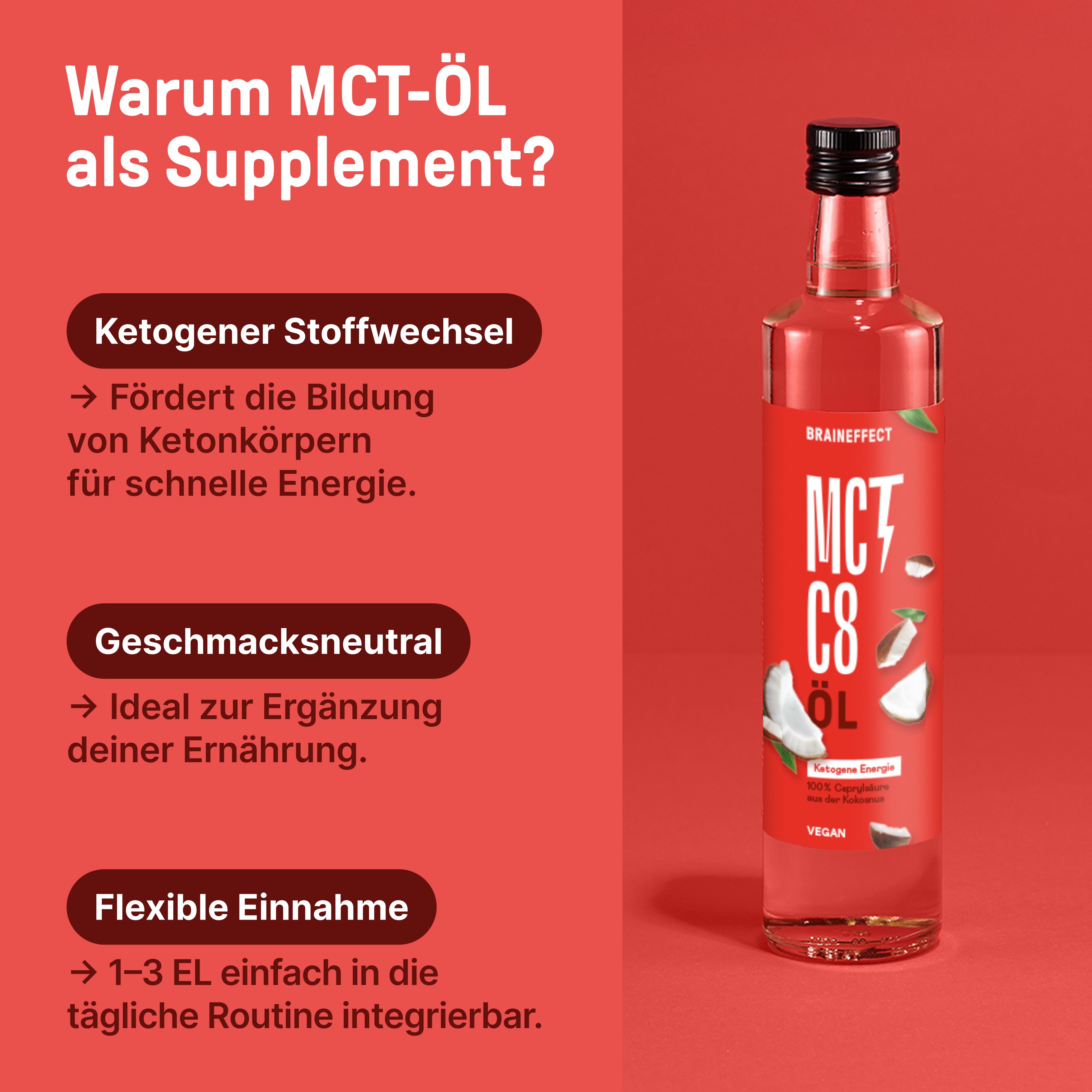 Roter Hintergrund mit Text. Frage: Warum MCT-Öl als Supplement? Textabschnitte: Ketogener Stoffwechsel, geschmacksneutral, flexible Einnahme. Flasche MCT C8 Öl.