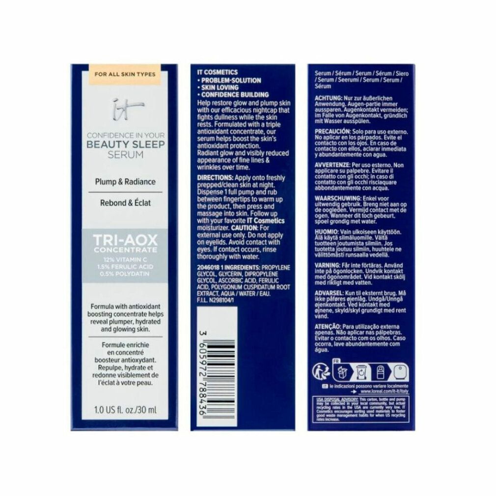 Produktverpackung mit Text. Enthält Informationen zu Inhaltsstoffen und Anwendung. Marke: IT Cosmetics. Produkt: Beauty Sleep Serum.