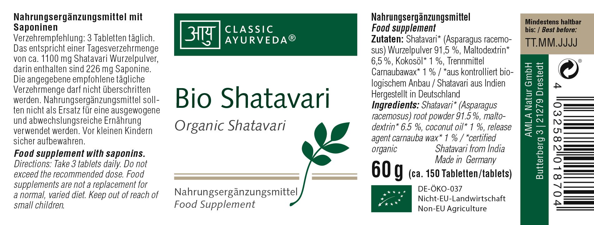 Etikett mit Text und Logo von Classic Ayurveda. Aufschrift: Bio Shatavari, Zutaten, 60g, DE-ÖKO-037.