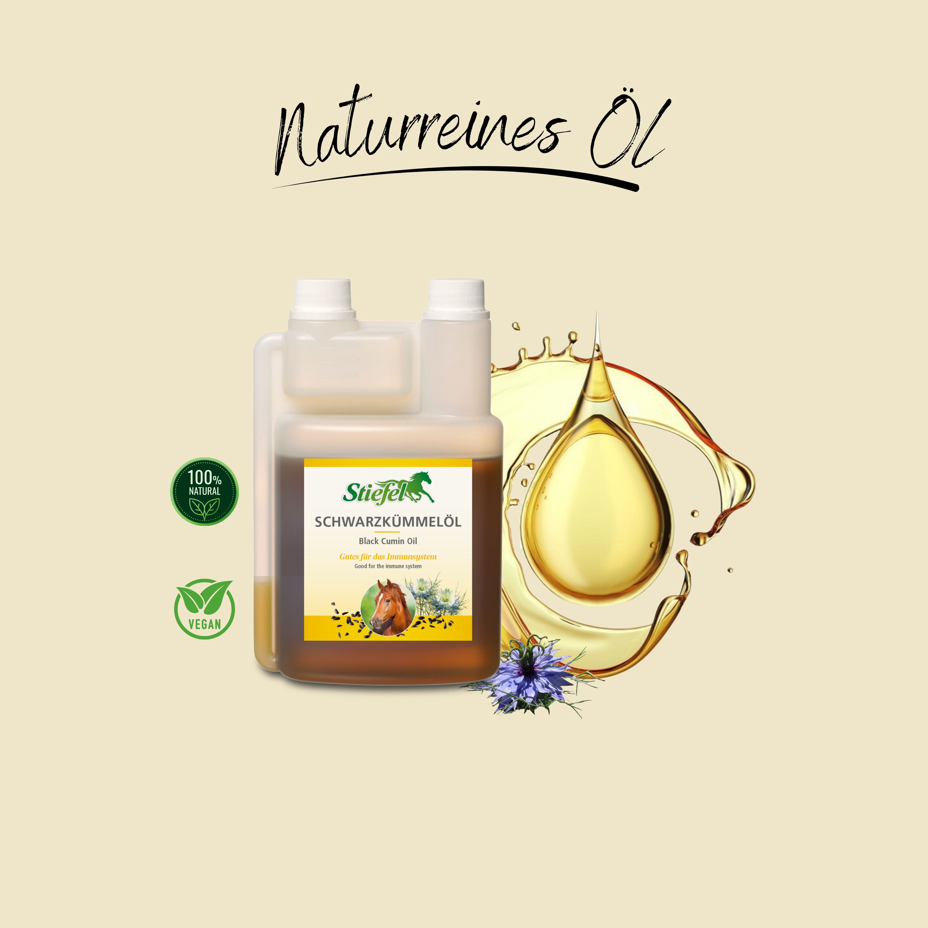 Flasche mit Etikett, Schwarzkümmelöl. Logo, Text: Stiefel, Naturreines Öl, Black Cumin Oil. Tropfen, Blume, Blätter.