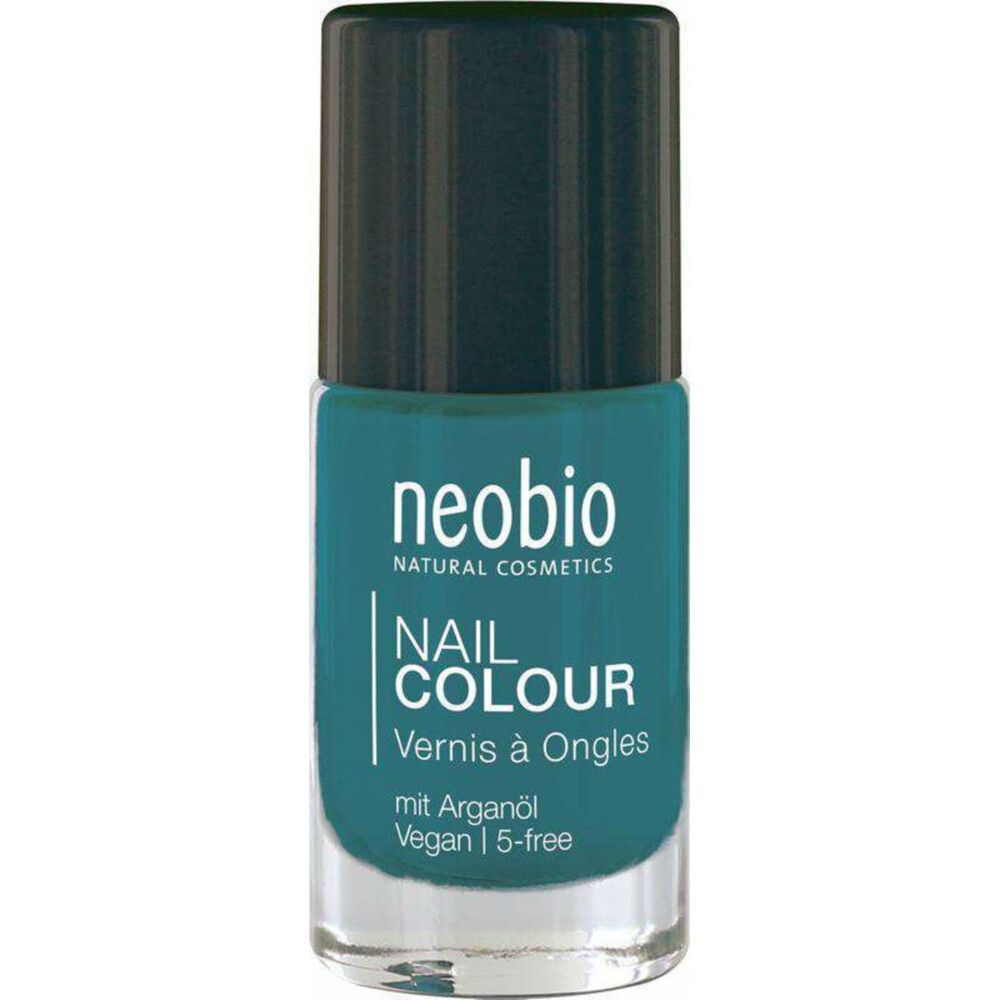 Türkisfarbener Nagellackflakon mit schwarzem Deckel. Aufschrift: neobio, Nail Colour, Vernis à Ongles, mit Arganöl, Vegan, 5-free.