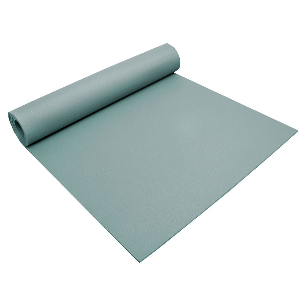 Graugrüne Yogamatte, teilweise aufgerollt. Rechteckige Form, flach ausgebreitet, mit aufgerolltem Ende.