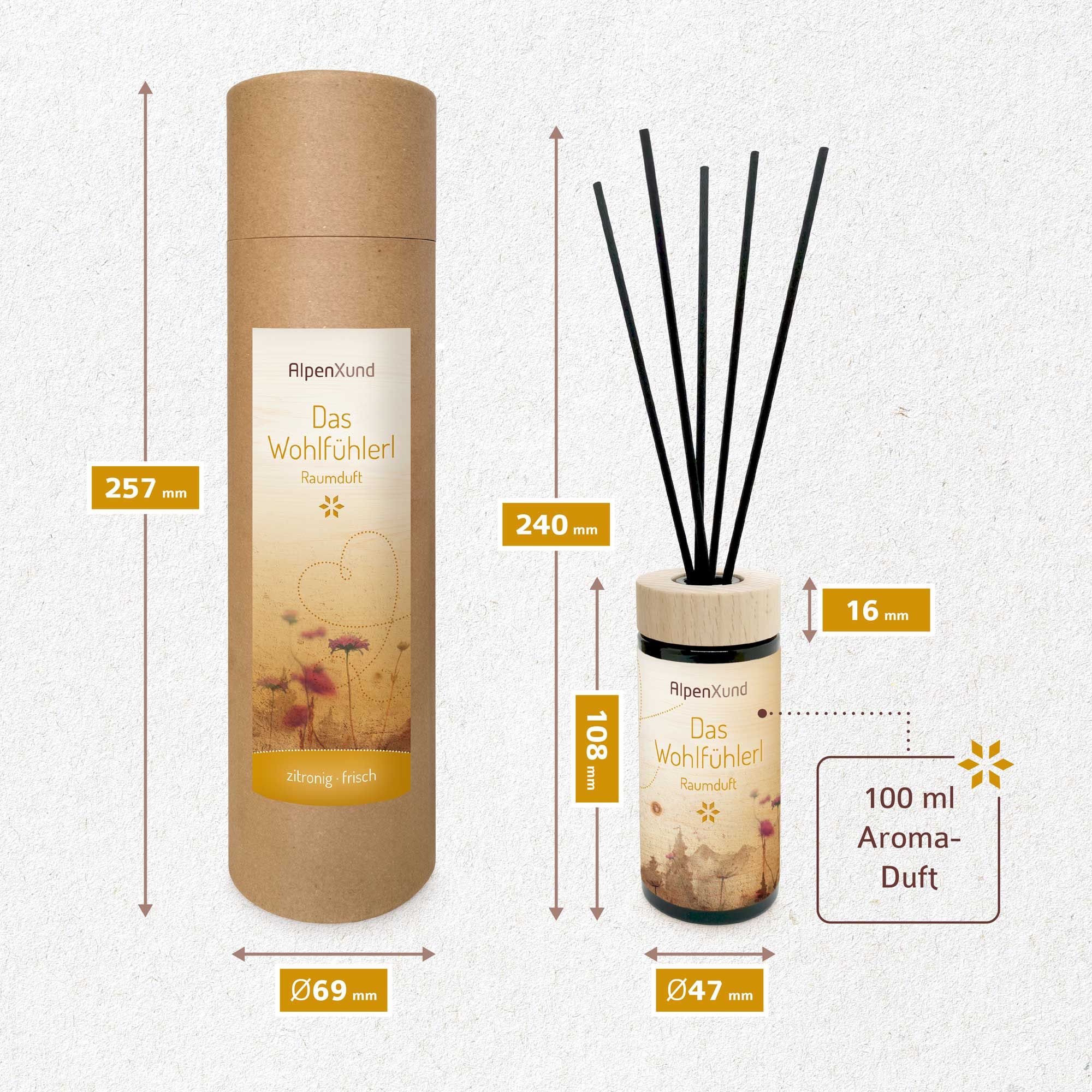 Aromadiffusor mit Stäbchen und Verpackung. Maße: 108mm hoch, Ø47mm. Verpackung: 257mm hoch, Ø69mm. 100 ml Aroma-Duft.