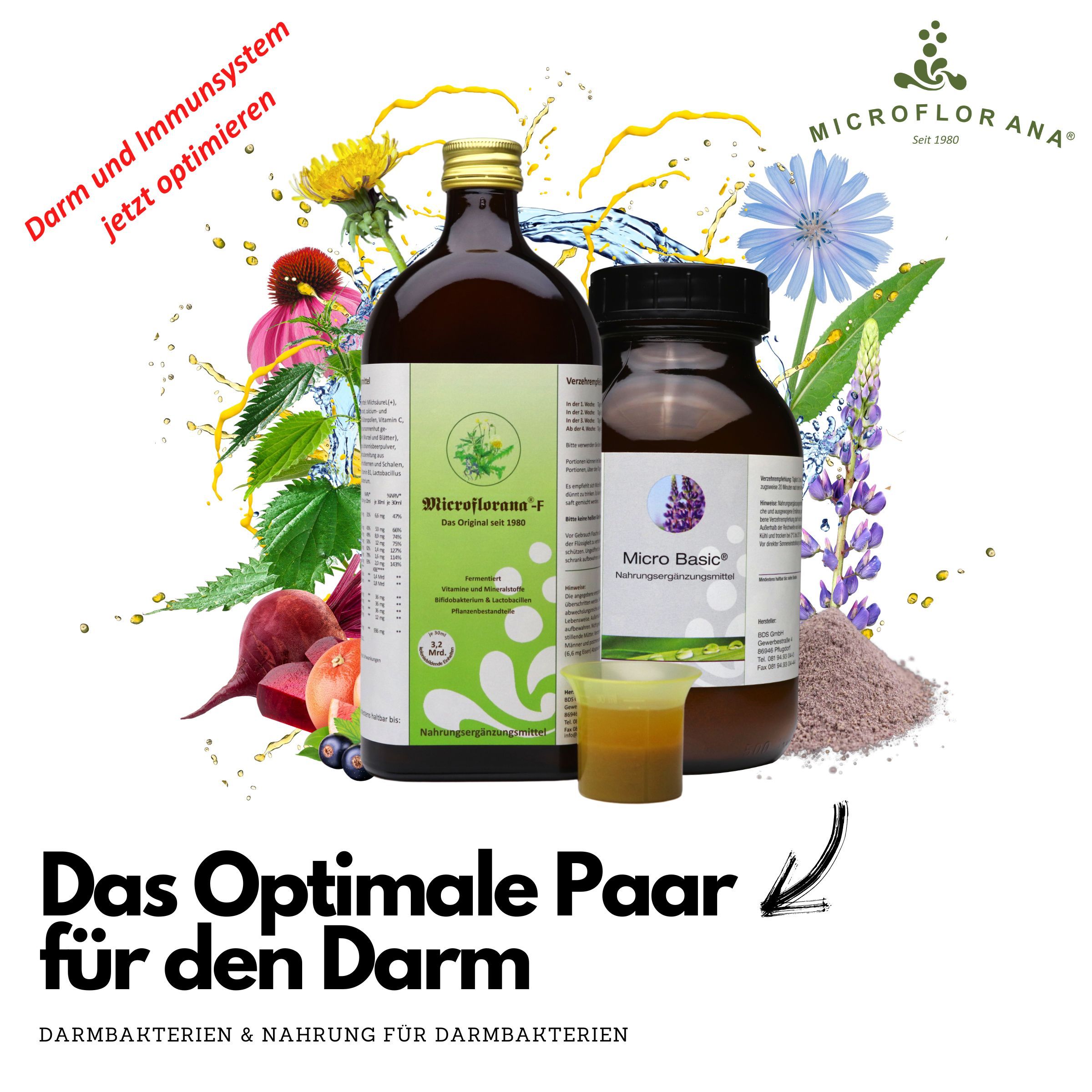 Zwei Flaschen mit Etiketten, ein Messbecher. Aufschrift: Microflorana-F, Micro Basic. Text: Das optimale Paar für den Darm.