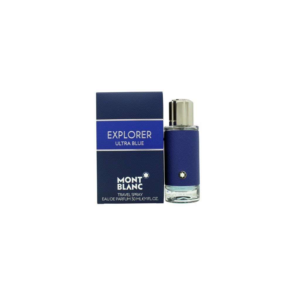 Parfümflakon und Verpackung. Aufschrift: EXPLORER ULTRA BLUE, MONTBLANC. Reise-Spray. 30ml.