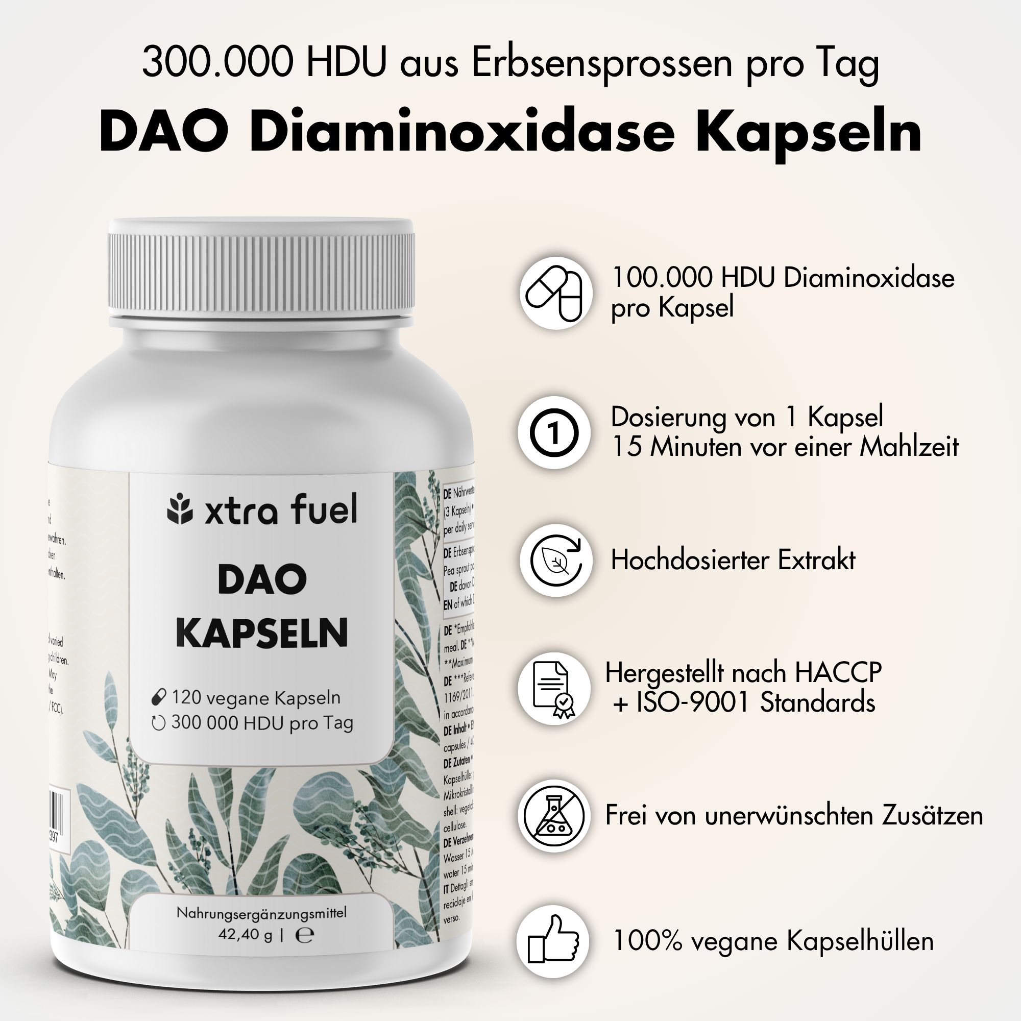 Weiße Flasche mit Kapseln. Text: Xtra Fuel DAO Kapseln, 120 vegane Kapseln, 300.000 HDU. Infografik mit Dosierung, Extrakt, Standards, vegan.