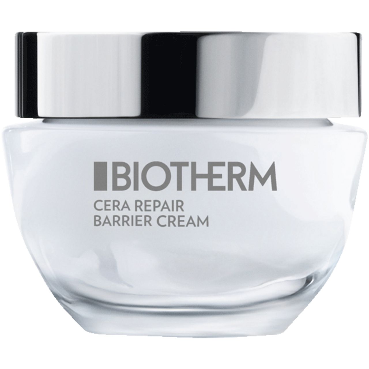 BIOTHERM Cera Repair Cream. Weißes Tiegel mit silbernem Deckel. BIOTHERM-Logo und Produktname auf der Vorderseite.