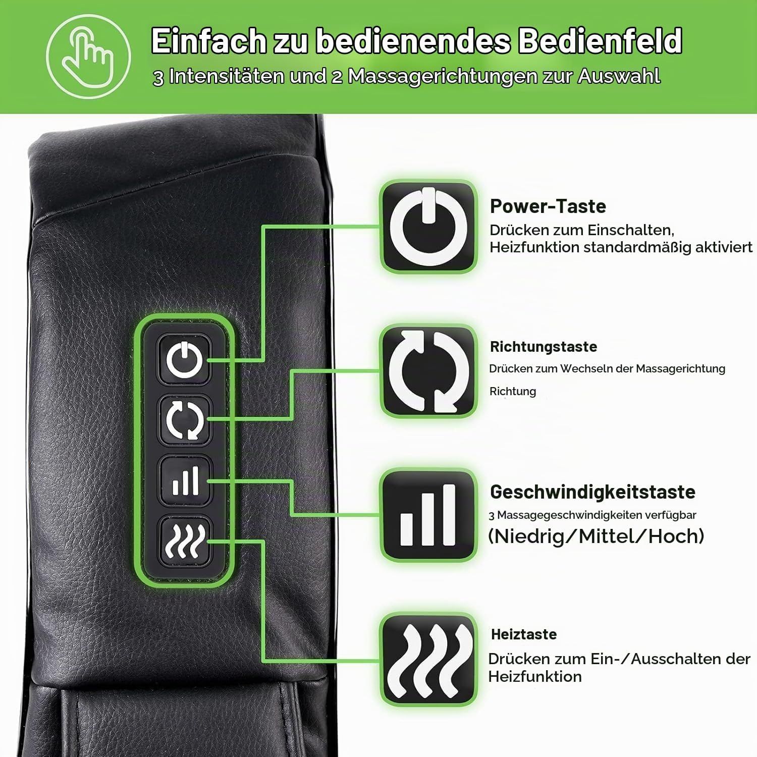 Bedienfeld eines Massagegeräts mit Tasten für Strom, Richtung, Geschwindigkeit und Wärme.