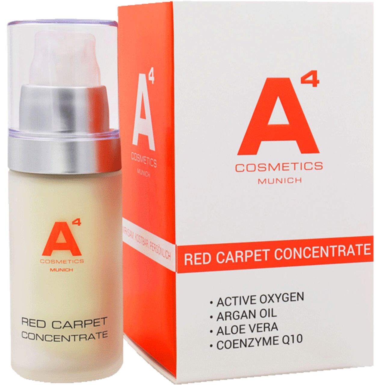 A4 Cosmetics Red Carpet Concentrate. Flasche und Verpackung. Rote Schrift, Logo. Enthält Wirkstoffe wie Arganöl und Aloe Vera.