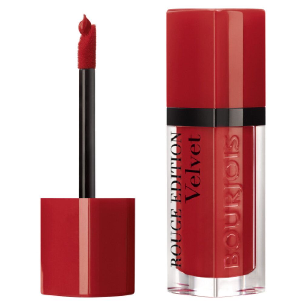 Roter Lippenstift mit Applikator. Schwarzer Applikator. Aufschrift: Rouge Edition Velvet.