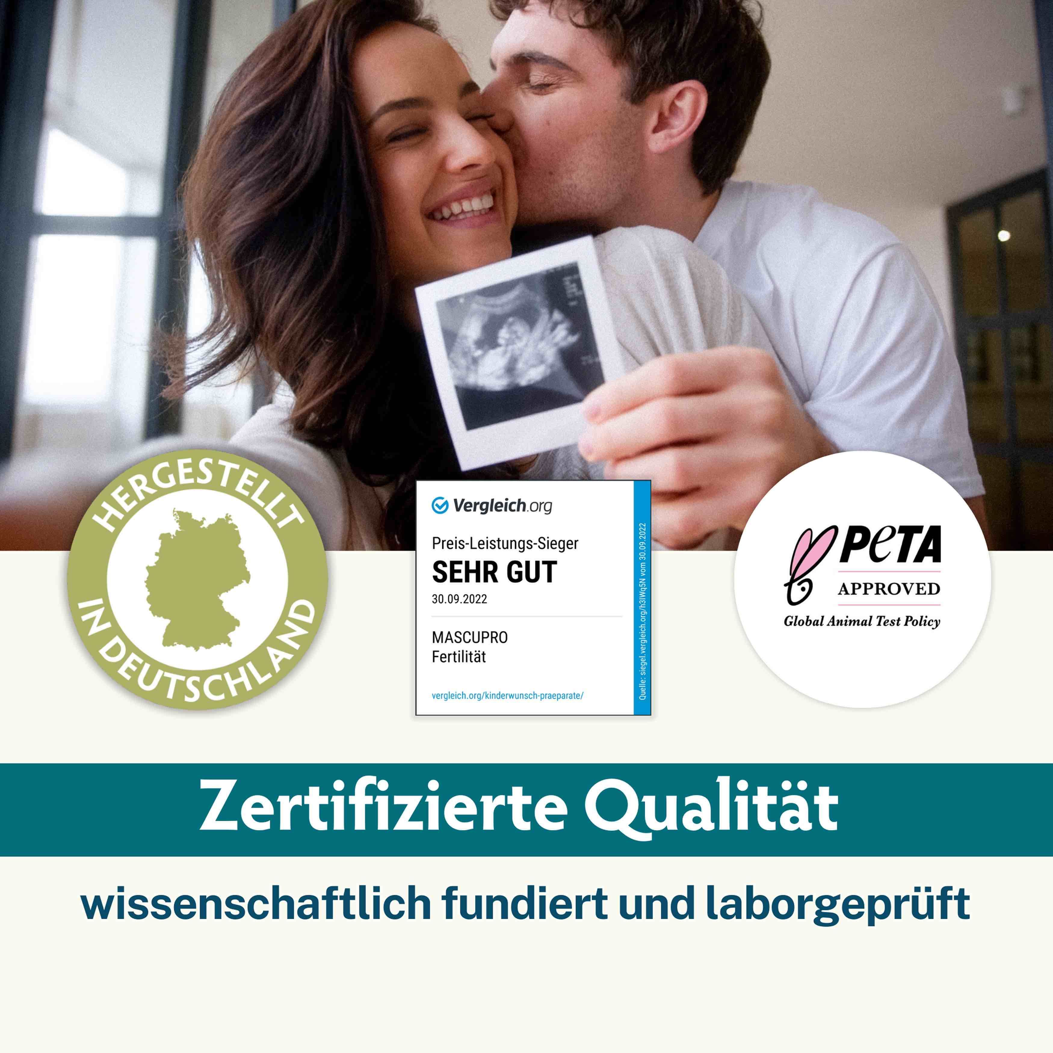 Paar hält Ultraschallbild. Siegel: Hergestellt in Deutschland. Peta Approved. Text: Zertifizierte Qualität, wissenschaftlich fundiert und laborgeprüft.