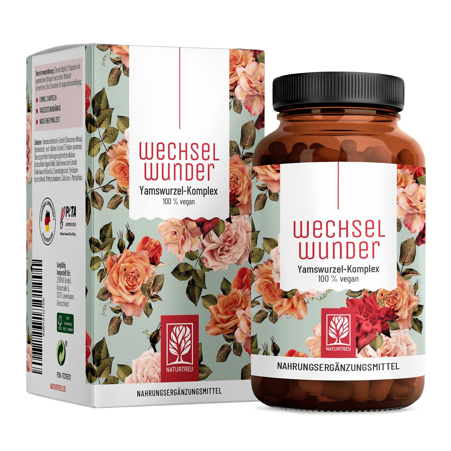 Verpackung und Flasche des Nahrungsergänzungsmittels Wechselwunder mit Yamswurzel-Komplex.