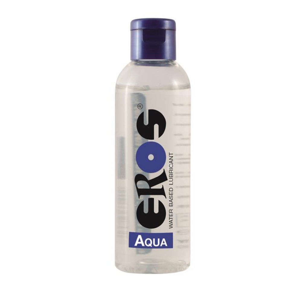 Eros Aqua Gleitgel auf Wasserbasis in transparenter Flasche mit blauem Deckel.