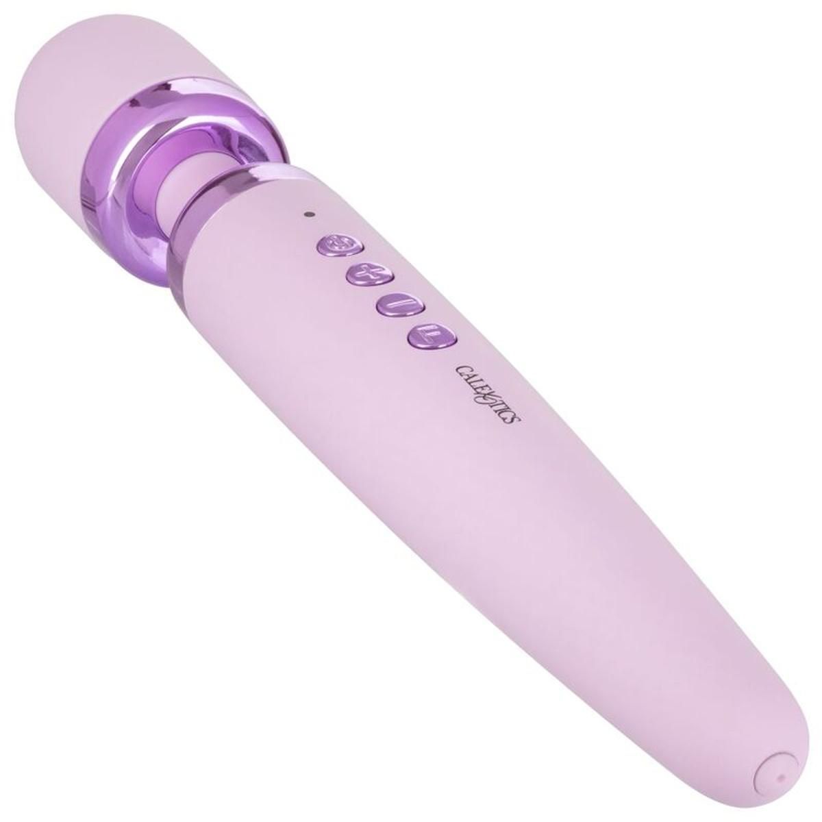 Lila Massagestab. Abgewinkelte Ansicht. Zylindrischer Griff, abgerundeter Kopf. Knöpfe und Markenschriftzug.