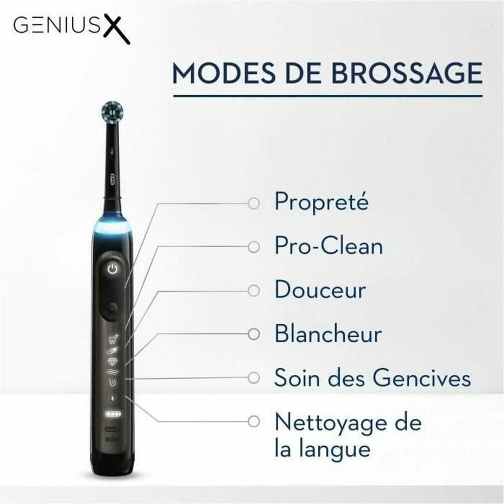 Zahnbürste, schwarz, mit Putzmodi: Propreté, Pro-Clean, Douceur, Blanchiment, Soin des Gencives, Nettoyage de la langue.