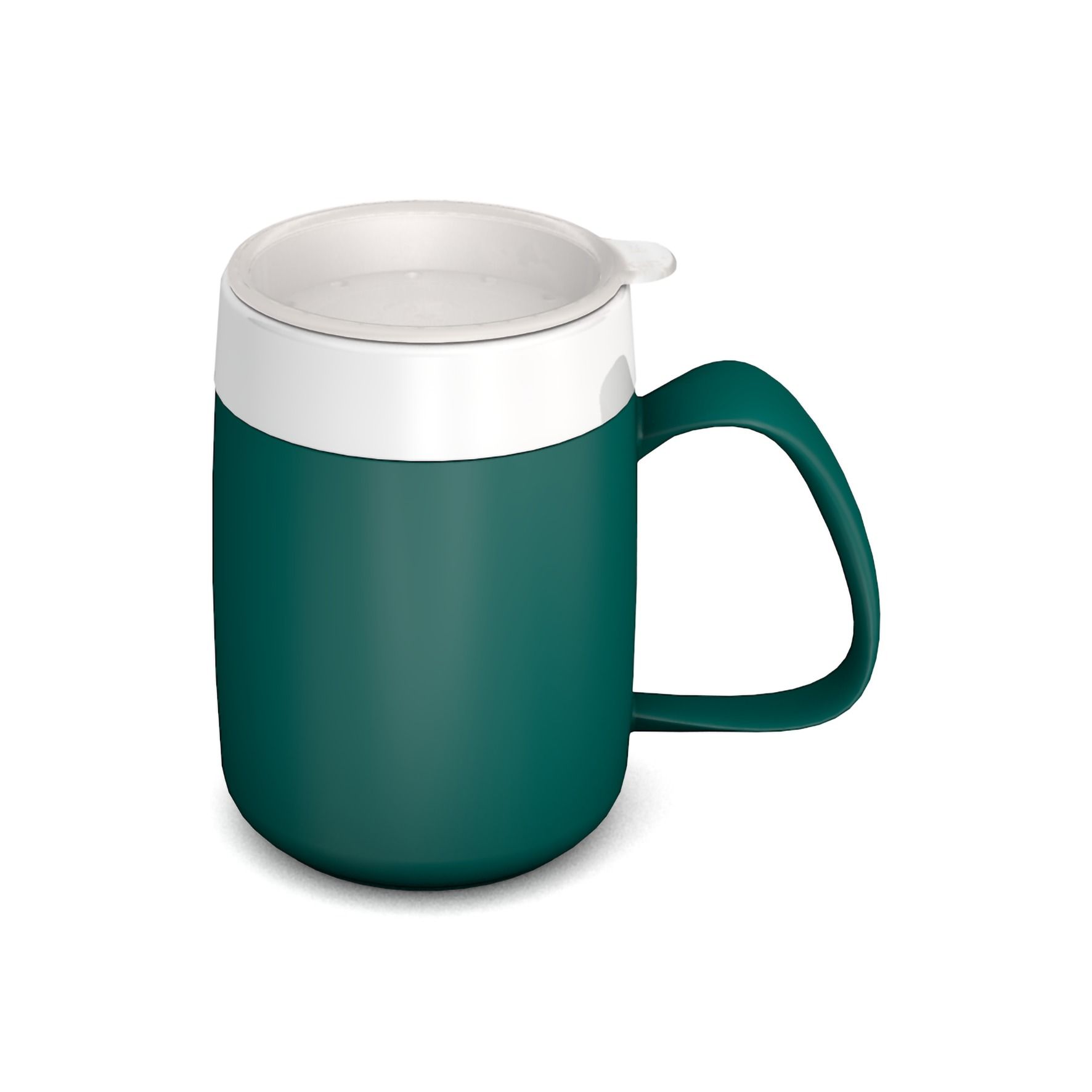 Grüner Becher mit großem Henkel und weißem Deckel. Der Deckel hat eine Trinköffnung. Der Becher ist zylindrisch.