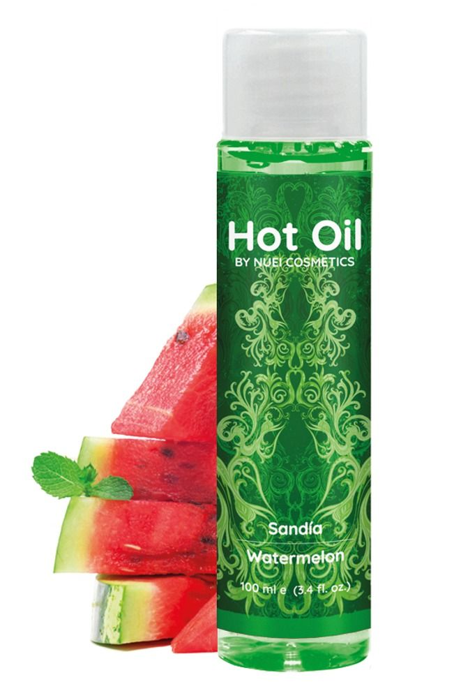 Grünes Massageöl mit weißem Deckel, neben Wassermelone und Minze. Aufschrift: Hot Oil, Sandía, Watermelon. Marke: NUEI cosmetics.