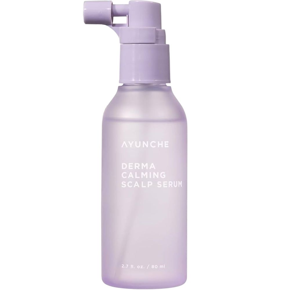 Eine durchsichtige Flasche mit Lavendel-Applikator für ayunche Derma Calming Scalp Serum.