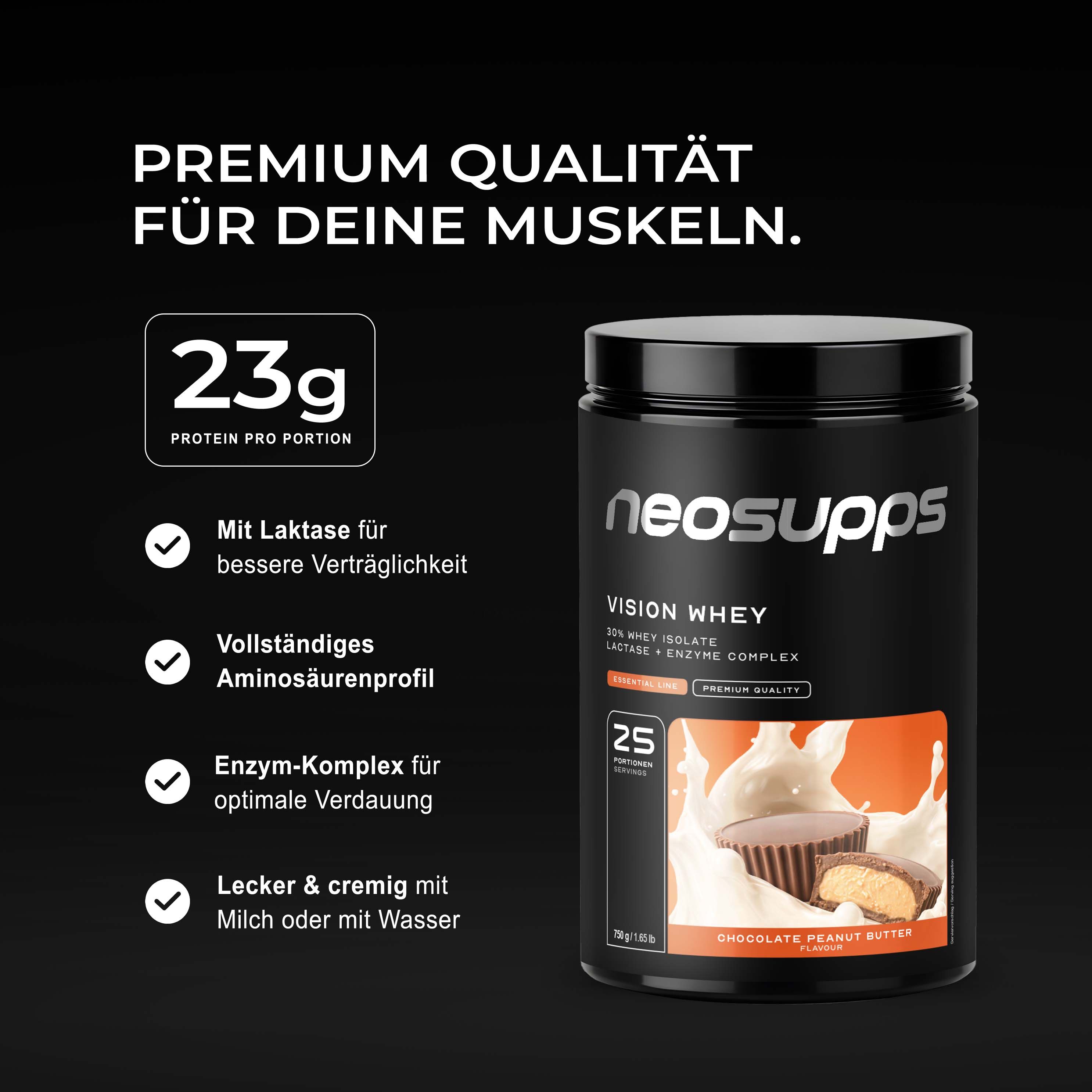Neosupps Vision Whey Protein Dose, Schoko-Erdnussbutter. 23g Protein pro Portion, Laktase und Enzym-Komplex.