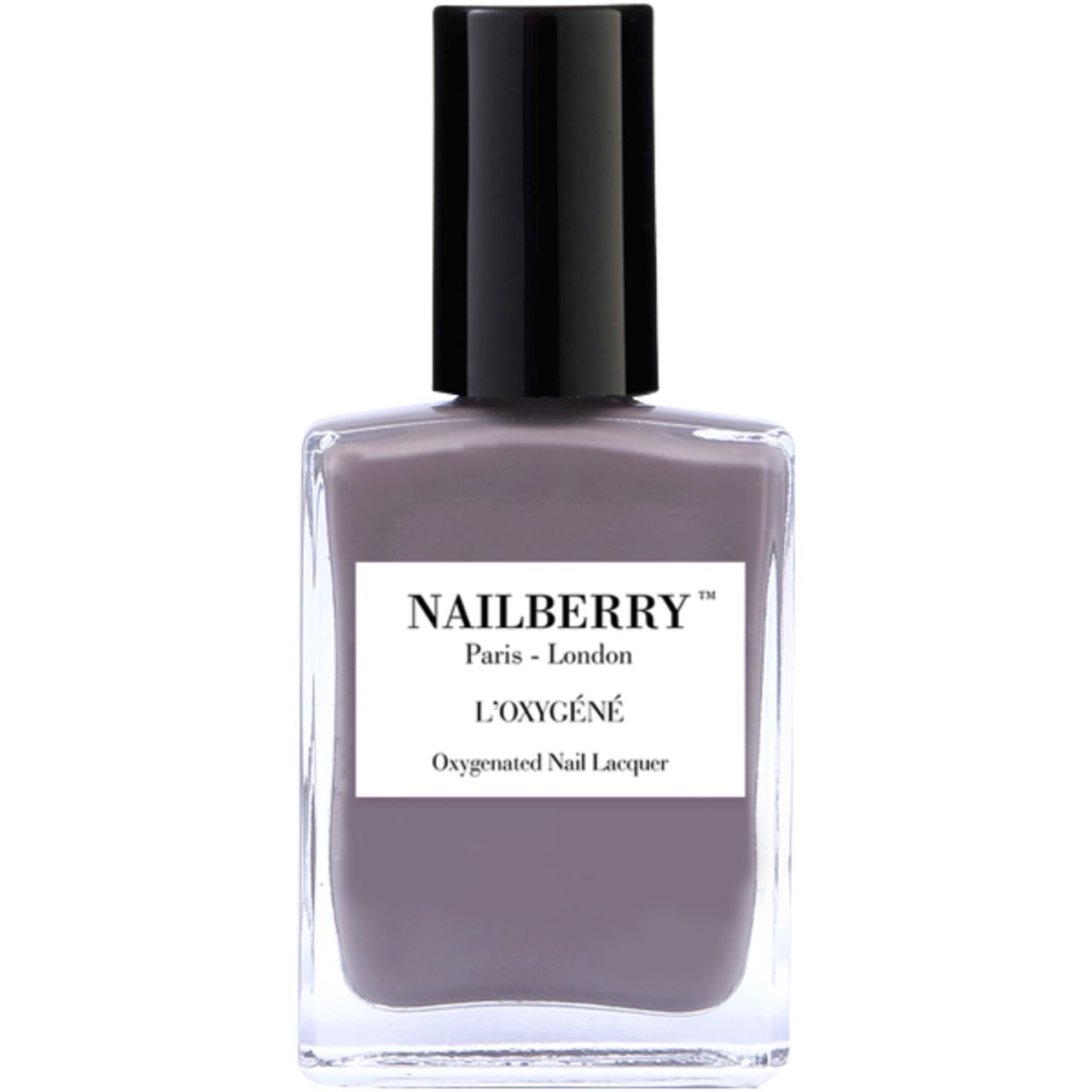 Nagellackflasche, quadratisch, grauer Lack, schwarzer Deckel. Etikett mit "NAILBERRY", "L'OXYGÉNÉ" und "Oxygenated Nail Lacquer".