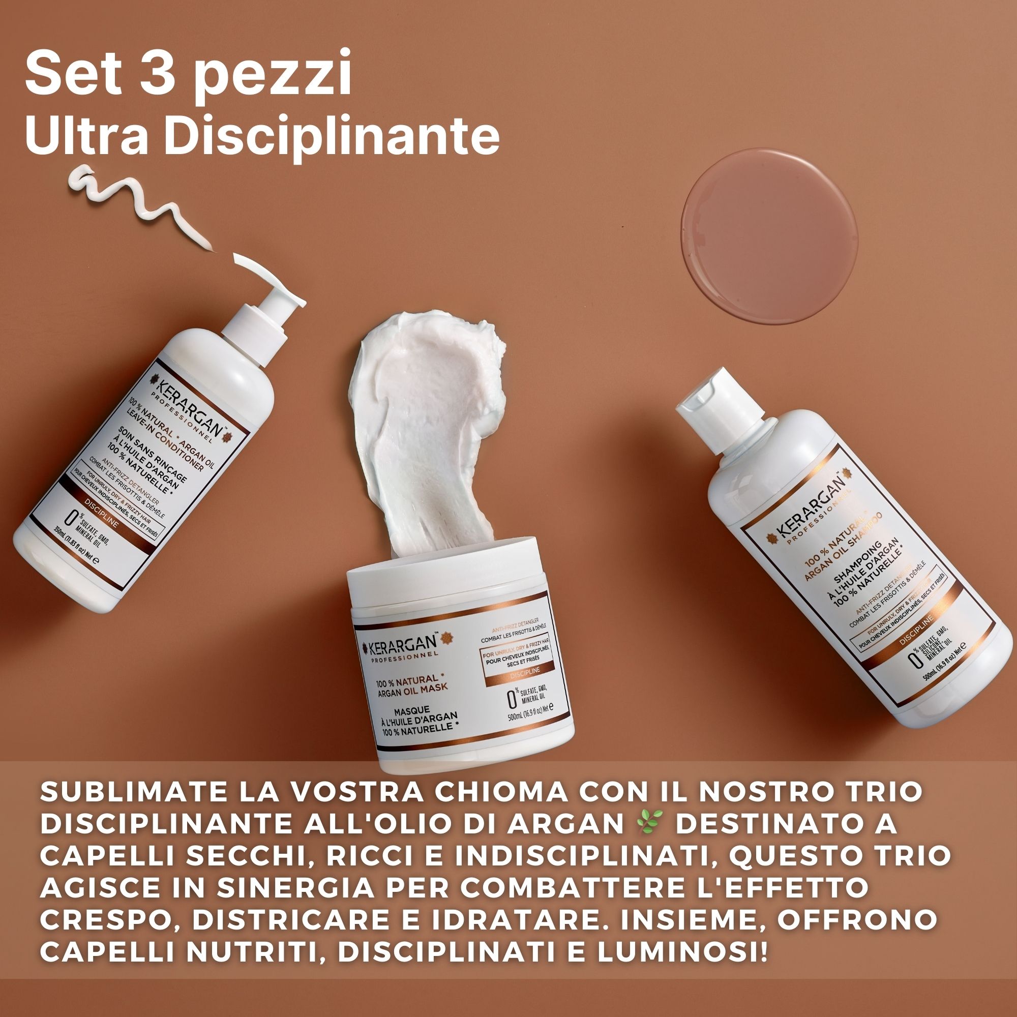 Tre prodotti Kerargan su sfondo marrone. Shampoo, maschera e leave-in. Testo e immagini dei prodotti.