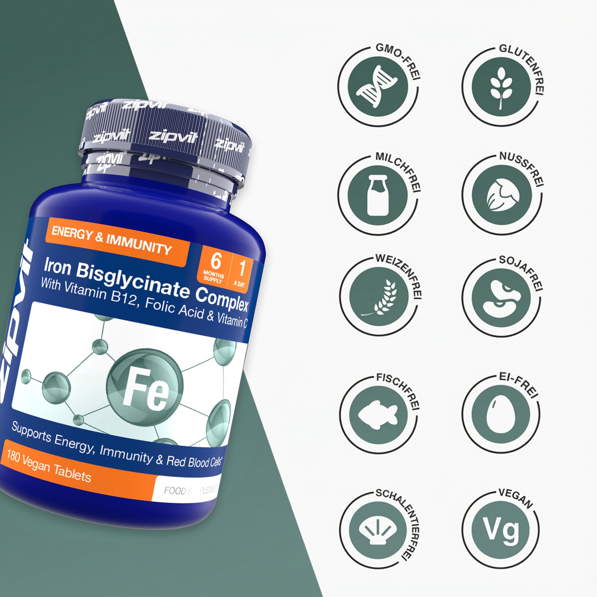 Blaue Flasche mit Zipvit-Etikett. Enthält Eisen Bisglycinat Complex. GMO-frei, glutenfrei, milchfrei, nussfrei, weizenfrei, sojafrei, fischfrei, ei-frei, schalenfrei, vegan.
