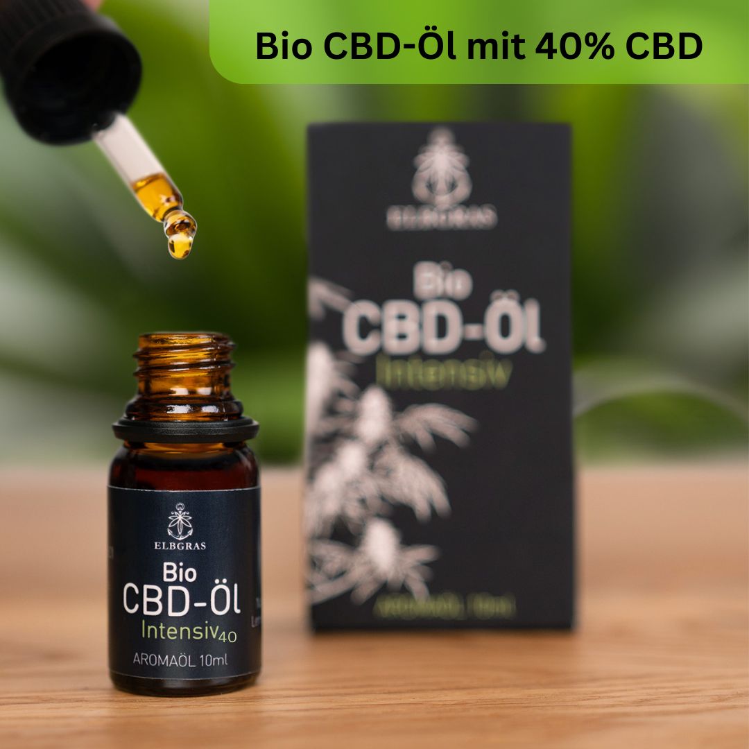 Braune Glasflasche mit Pipette, aus der Öl tropft. Daneben eine Schachtel mit der Aufschrift "Bio CBD-Öl Intensiv 40".
