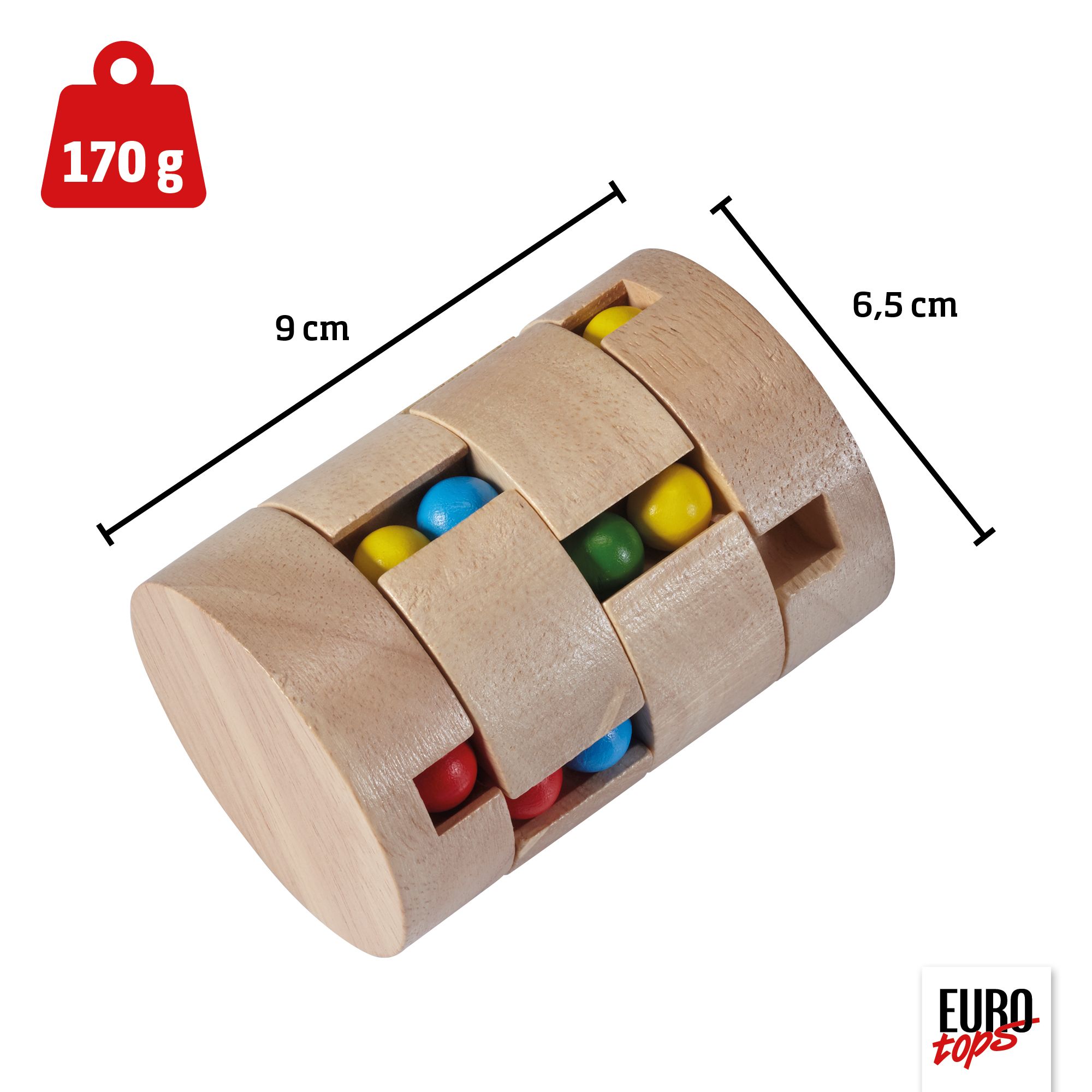 Holz-Kugelspielzeug mit bunten Kugeln in Rot, Grün, Gelb und Blau, in einem Holzzylinder. Maße: 6,5x9 cm, Gewicht: 170g.