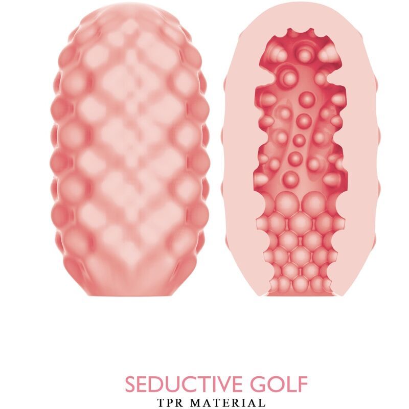 Rosa ovales Produkt, außen mit Noppen, innen mit Noppen. Text: Seductive Golf, TPR Material.