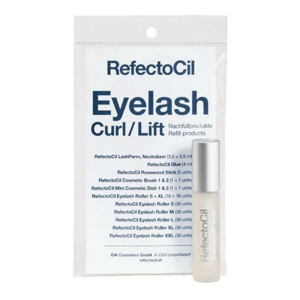 Verpackung mit Produkt und Inhaltsangaben. Produkt: RefectoCil Eyelash Curl/Lift. Enthält Zubehör.