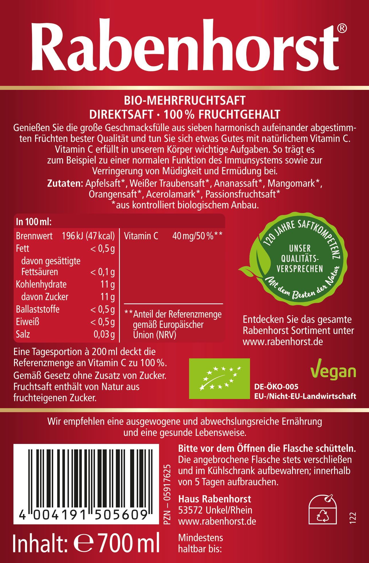 Etikett mit Text: "Rabenhorst". Zutaten, Nährwerte, Bio-Siegel, Vegan-Logo. Flascheninhalt: 700 ml.