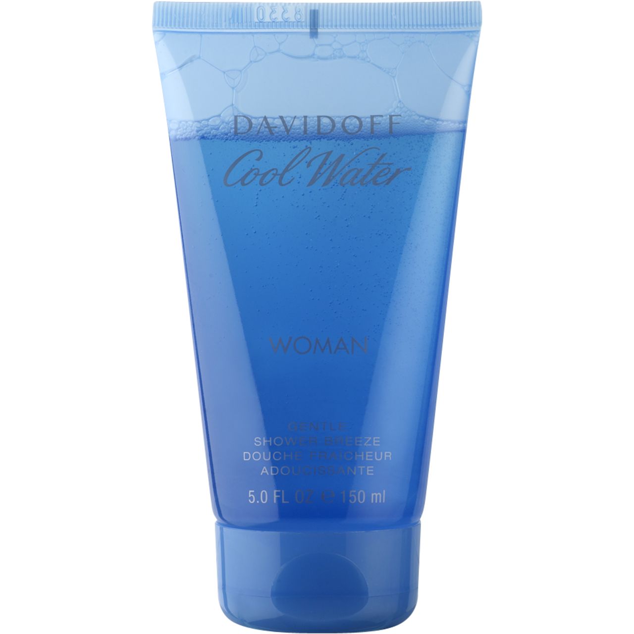 Davidoff Cool Water Woman Shower Breeze. Blaue Tube mit Produktflüssigkeit. Schriftzug und Produktbezeichnung.