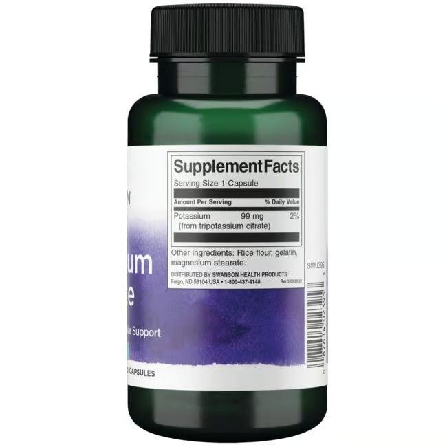 Rückseite der grünen Flasche. Etikett mit Nährwertangaben: Kalium 99 mg. Weitere Inhaltsstoffe: Reismehl, Gelatine, Magnesiumstearat.
