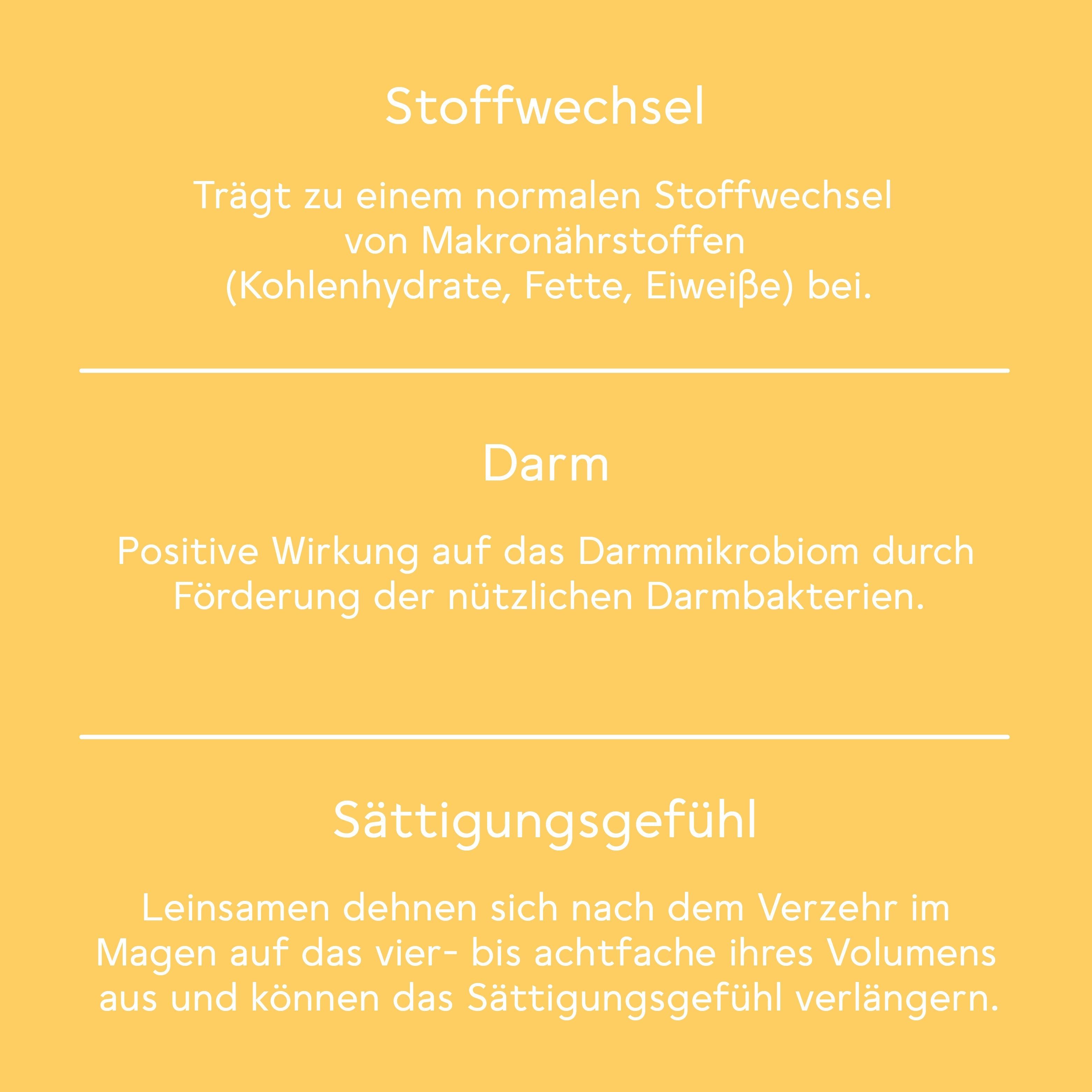 Textabschnitte auf gelbem Hintergrund. Themen: Stoffwechsel, Darm, Sättigungsgefühl. Ohne Produktabbildung.