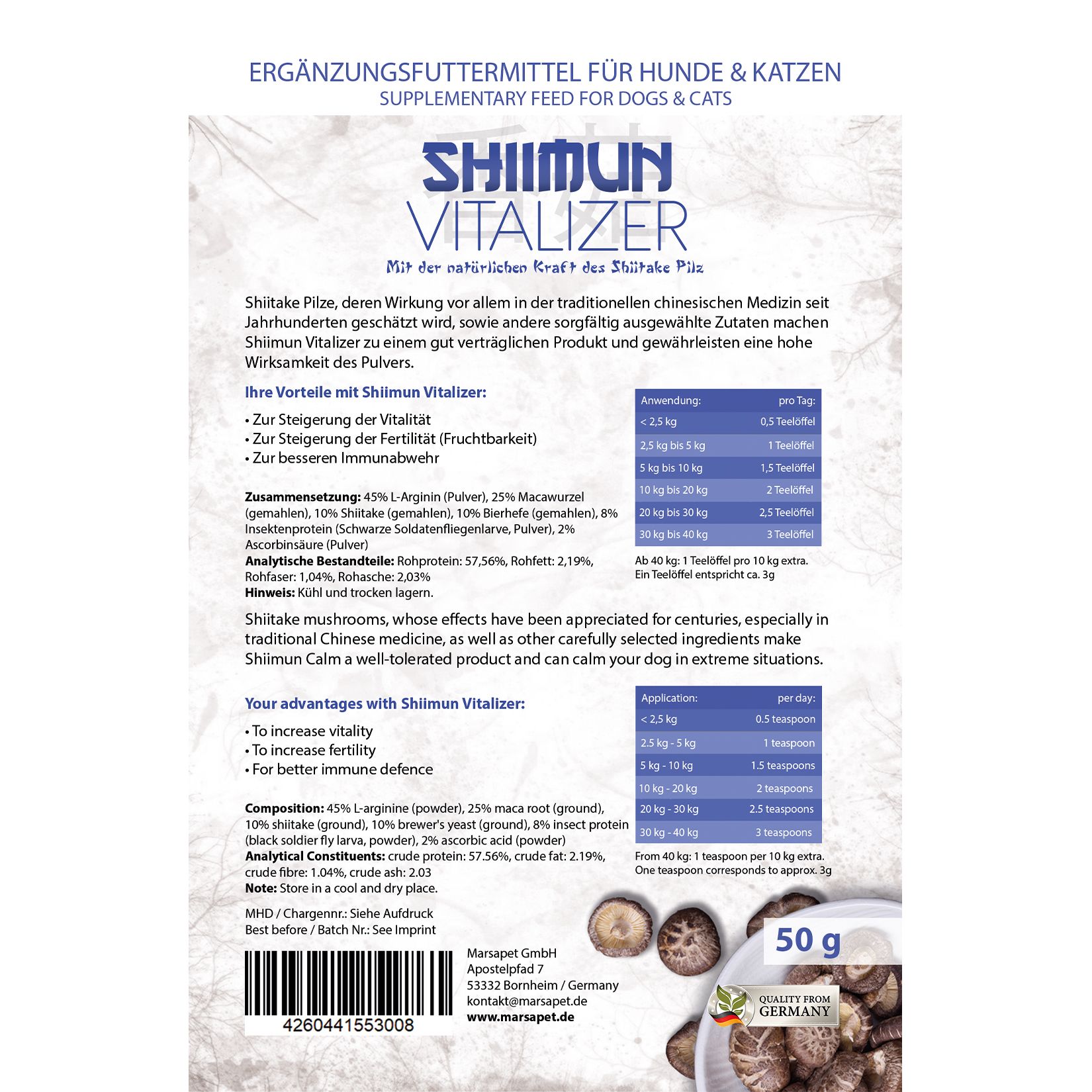 Produktverpackung mit Text. Shiimun Vitalizer, Inhaltsstoffe, Dosierung, 50g Packung.