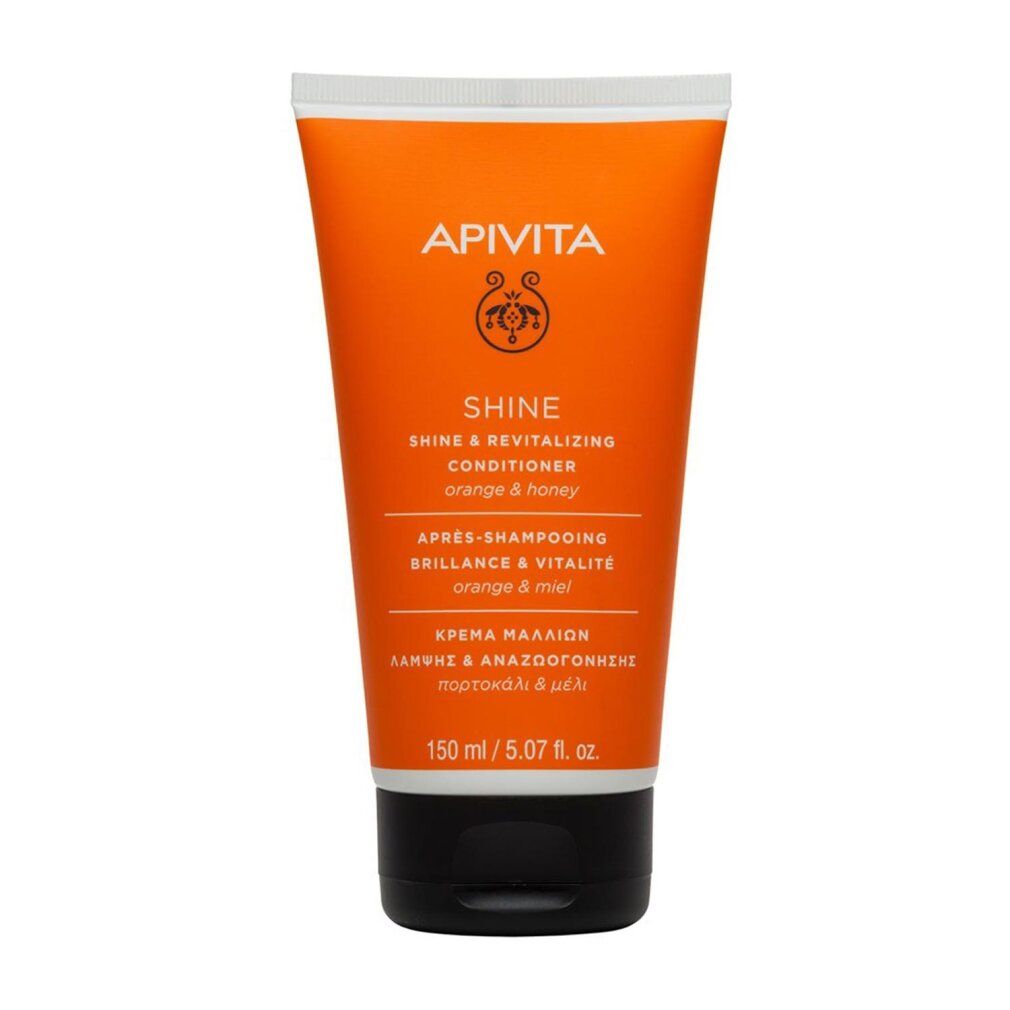 Orange Tube mit schwarzem Deckel. Aufschrift: APIVITA SHINE Conditioner. Text in mehreren Sprachen. 150 ml.