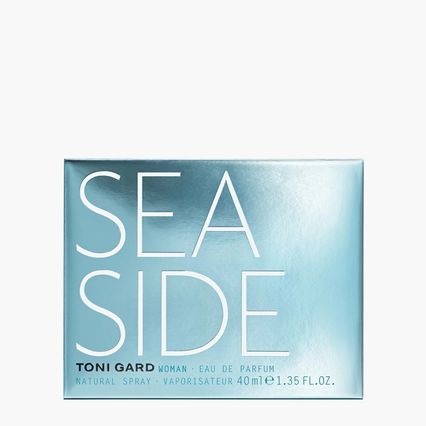 Karton mit Aufschrift SEA SIDE. Darunter: TONI GARD WOMAN Eau de Parfum. Natürliches Spray, Vaporisateur, 40 ml.
