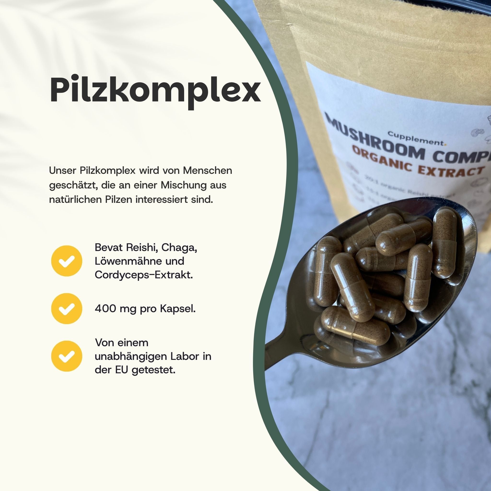 Löffel mit Kapseln. Text: Pilzkomplex. Enthält Reishi, Chaga, Löwenmähne und Cordyceps. 400 mg pro Kapsel.