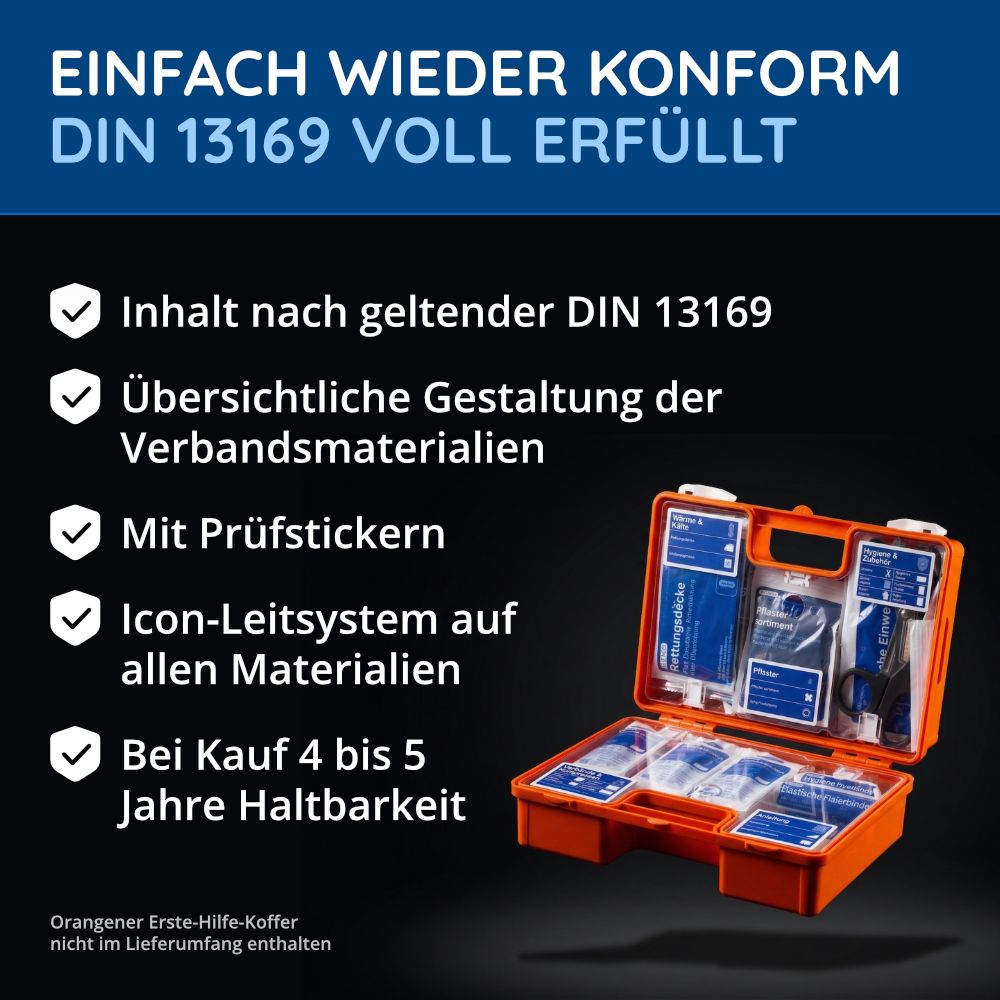 Inhalt eines Erste-Hilfe-Koffers nach DIN 13169, übersichtlich gestaltet.