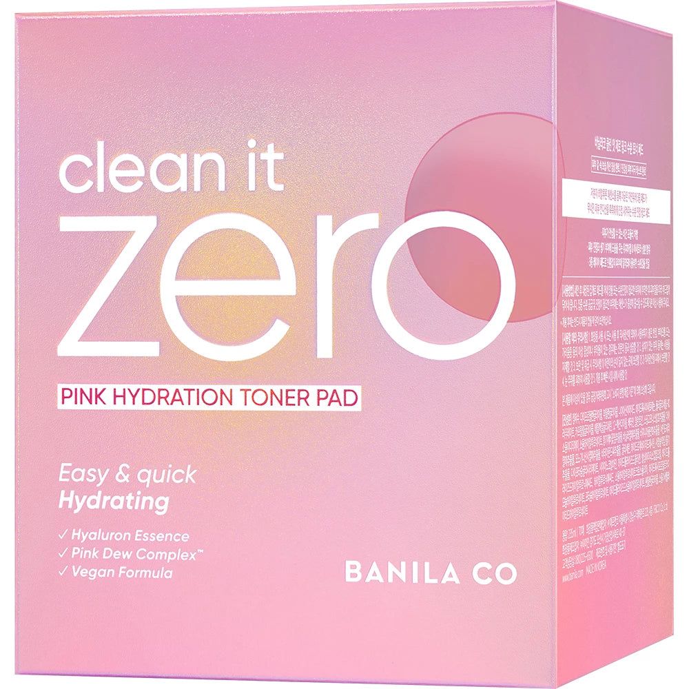 Rosa Verpackung mit der Aufschrift "Clean it Zero Pink Hydration Toner Pad". Text: BANILA CO.