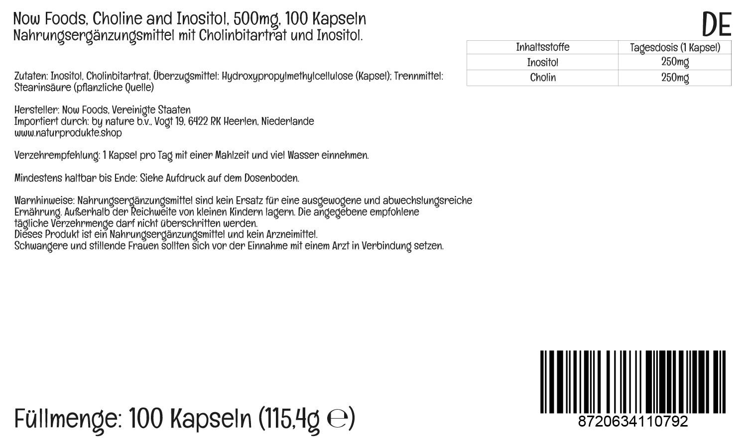 Rückseite der Flasche. Text: Now Foods, Choline and Inositol. Inhaltsstoffe. Barcode. Füllmenge: 100 Kapseln.