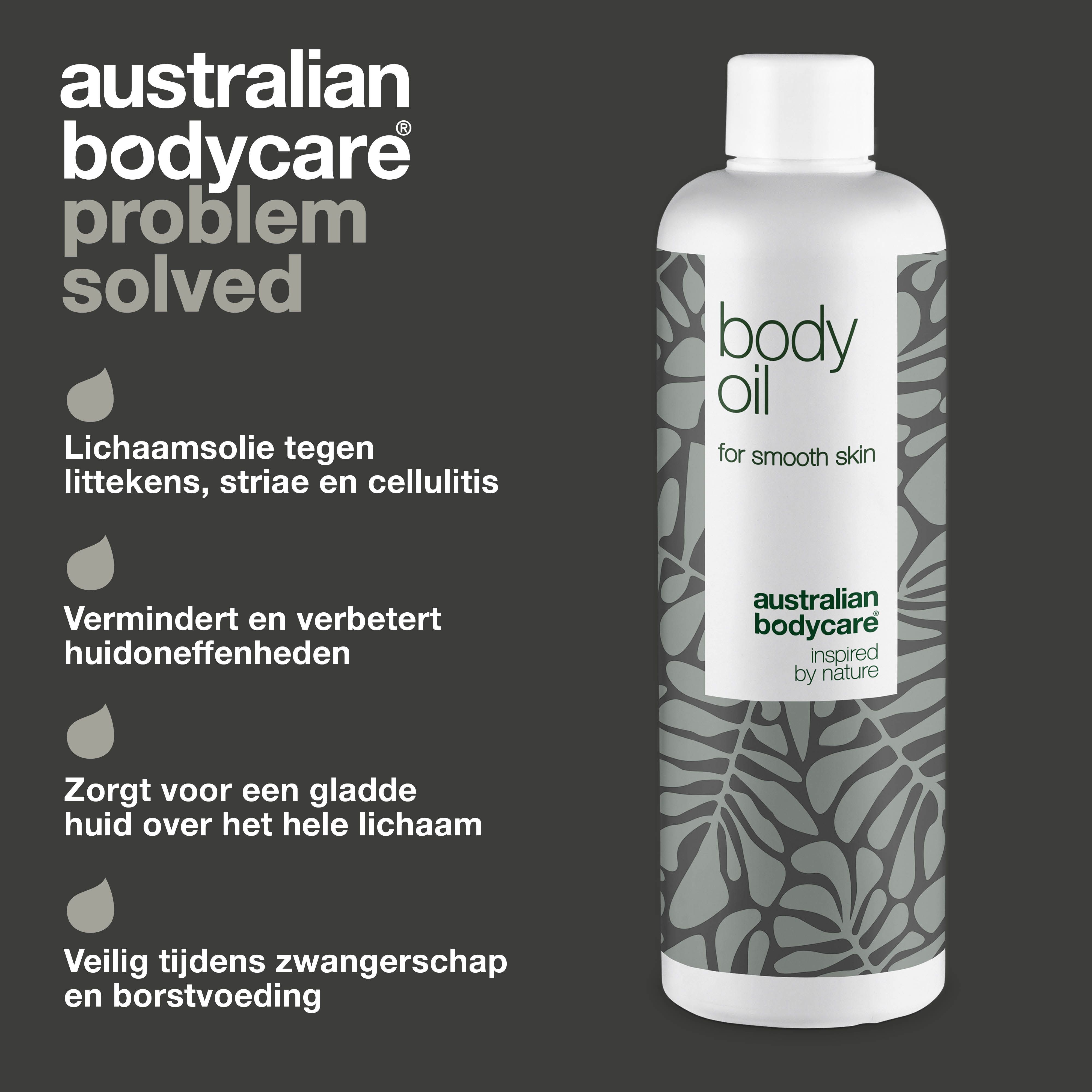 Body oil flesje met tekst. Opschrift: body oil, for smooth skin. Merk: Australian Bodycare.